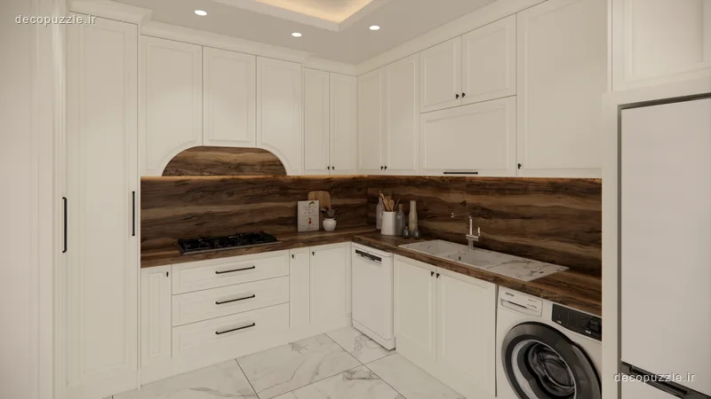 آشپزخانه ال با کابینت سفید مات، بین کابینتی طرح چوب و صفحه ماربل