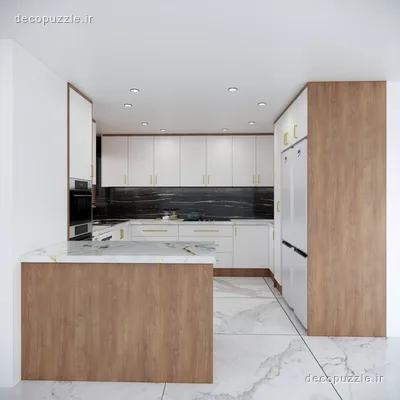 کابینت مدرن سفید مات و طرح چوب با جزیره و فر توکار در آشپزخانه