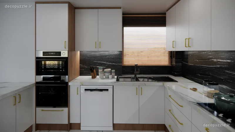 کابینت مدرن سفید مات و طرح چوب در آشپزخانه ال با فر توکار و بین کابینتی مشکی