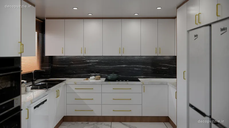 آشپزخانه مدرن کابینت سفید مات با چیدمان یو، بین کابینتی ماربل مشکی و فر توکار
