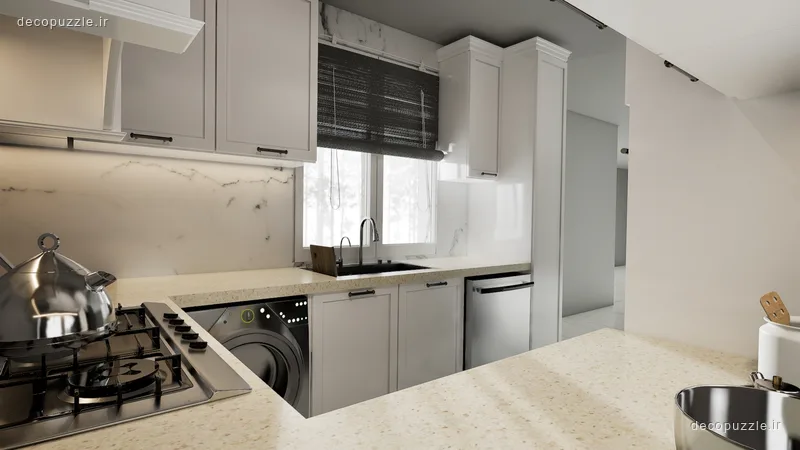 آشپزخانه نئوکلاسیک سفید مات با چیدمان ال، کابینت تا سقف و بین کابینتی ماربل