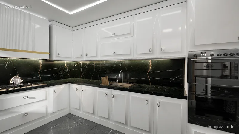 کابینت سفید براق با چیدمان ال، بین کابینتی ماربل مشکی و فر توکار در آشپزخانه