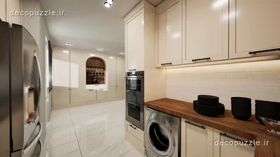 آشپزخانه نئوکلاسیک کرم با چیدمان ال، کابینت ممبران، ویترین، فر توکار و صفحه طرح چوب