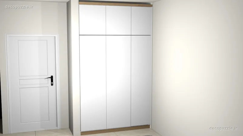 کمد دیواری سفید مات با قاب طرح چوب در ورودی کنار درِ سفید