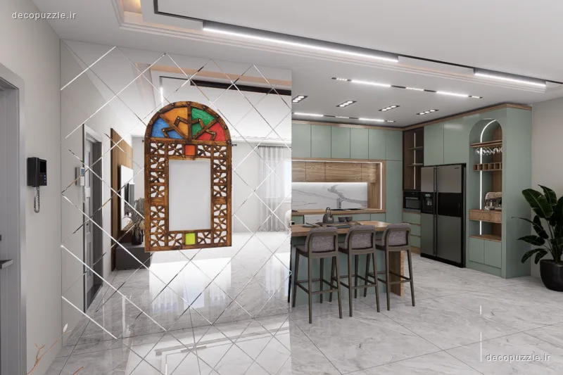 کابینت مدرن دورنگ با جزیره، قفسه باز و نورپردازی خطی در آشپزخانه