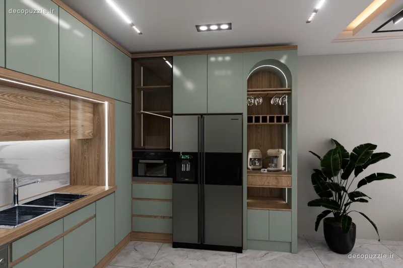 کابینت مدرن مات سبز و طرح چوب با کافی‌بار، ویترین و نورپردازی خطی در آشپزخانه ال