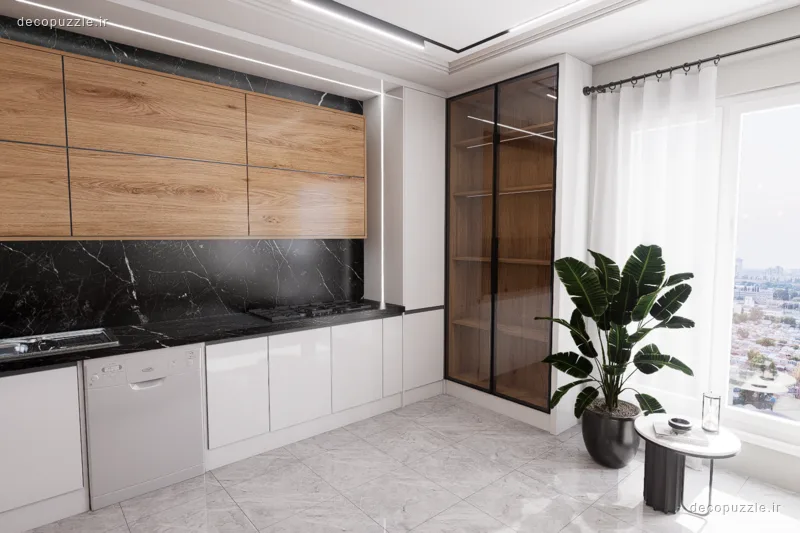 کابینت مدرن دورنگ با طرح چوب و هایگلاس، ویترین شیشه‌ای و بین کابینتی ماربل در آشپزخانه کنج