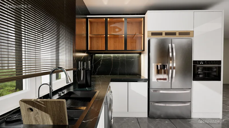کابینت مدرن دورنگ هایگلاس و طرح چوب با ویترین، بین کابینتی مشکی و فر توکار در آشپزخانه