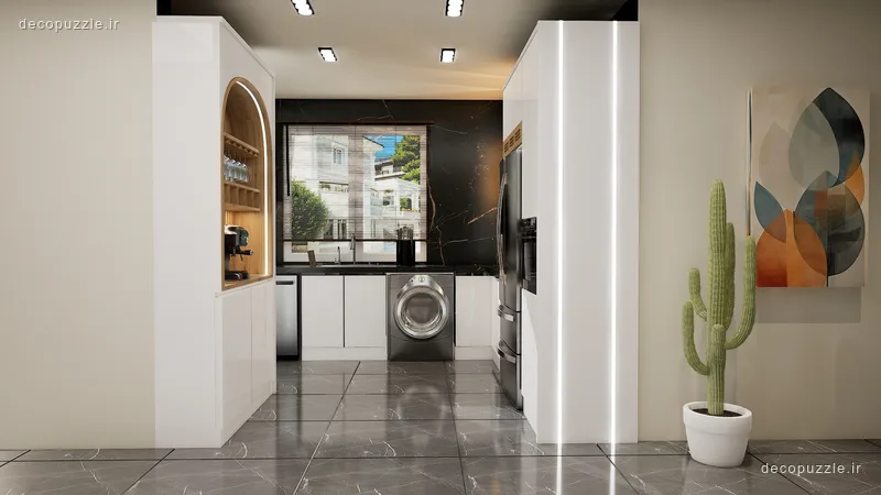 آشپزخانه مدرن دورنگ با کابینت سفید مات، چیدمان یو، بین کابینتی مشکی و قفسه باز