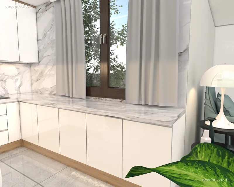 کابینت مدرن سفید مات با چیدمان ال، صفحه ماربل و دستگیره مخفی در آشپزخانه