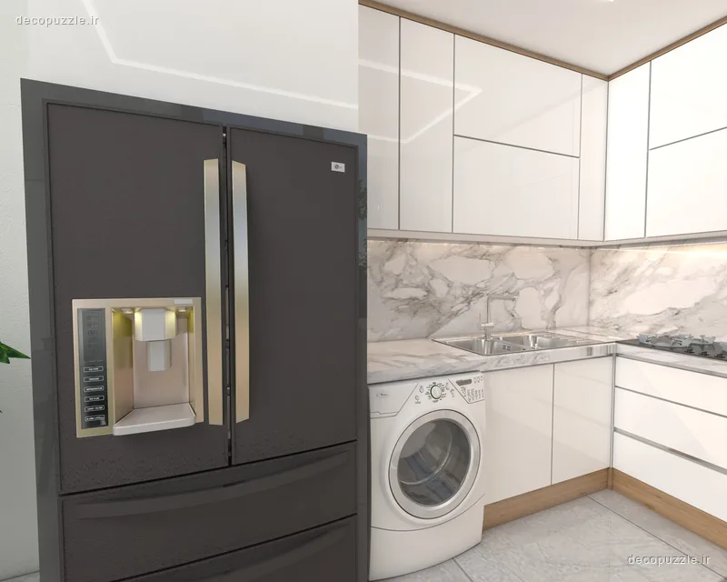 کابینت مدرن سفید هایگلاس با چیدمان ال، بین کابینتی ماربل و دستگیره مخفی در آشپزخانه
