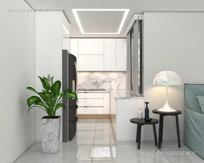 کابینت مدرن سفید هایگلاس با بین کابینتی ماربل، چیدمان ال و نورپردازی خطی در آشپزخانه