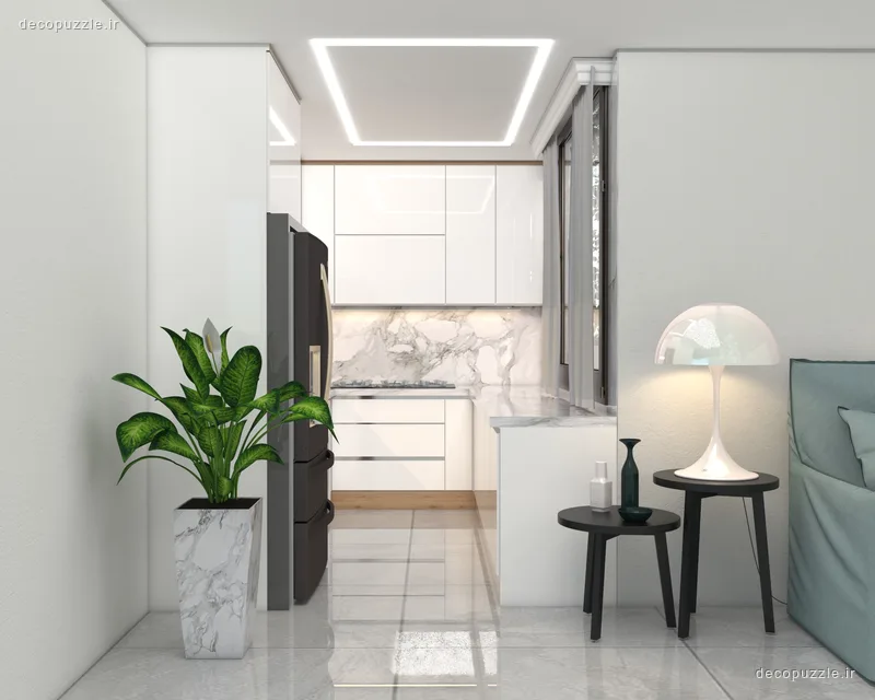کابینت مدرن سفید هایگلاس با بین کابینتی ماربل، چیدمان ال و نورپردازی خطی در آشپزخانه