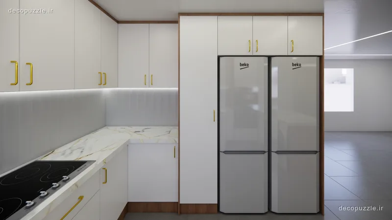 کابینت مدرن سفید مات با چیدمان ال، بین کابینتی و نورپردازی خطی در آشپزخانه