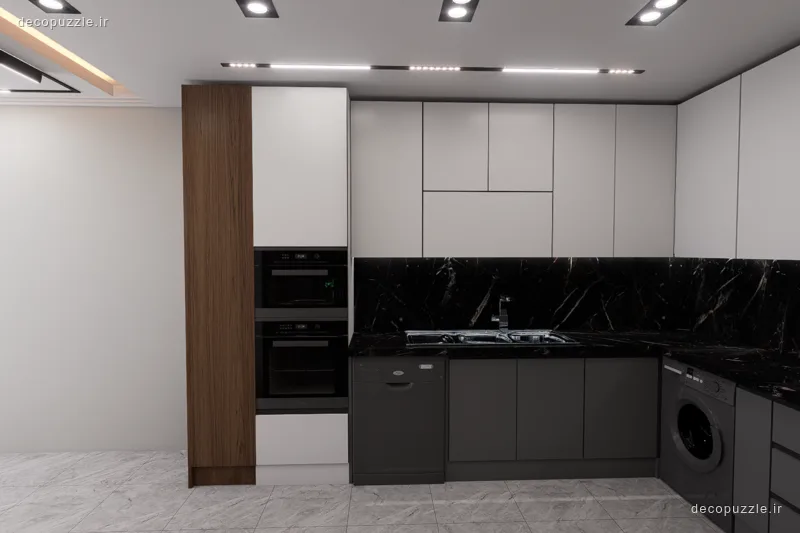 آشپزخانه ال با کابینت دورنگ مات و طرح چوب، بین کابینتی ماربل و فر توکار