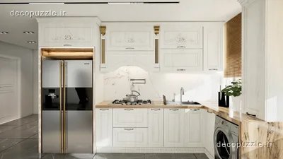 آشپزخانه ال با کابینت کلاسیک سفید ممبران، بین کابینتی ماربل و جزئیات طرح چوب