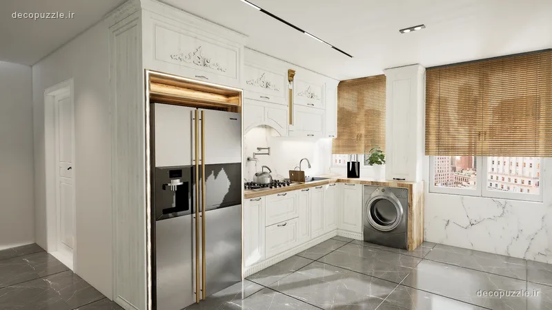 کابینت کلاسیک سفید ممبران با چیدمان ال، بین کابینتی ماربل و نورپردازی خطی در آشپزخانه