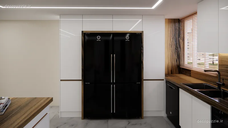 آشپزخانه مدرن دورنگ با کابینت سفید و مشکی، جزیره، بین کابینتی طرح چوب و نورپردازی خطی