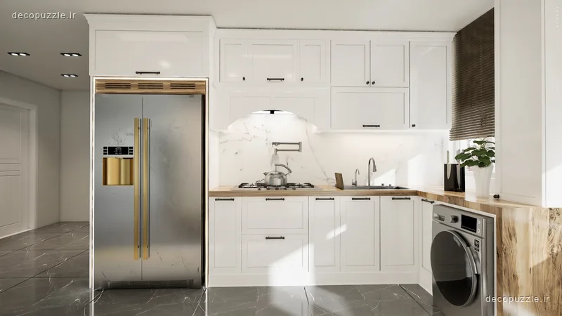 کابینت نئوکلاسیک سفید مات با چیدمان ال، هود مخفی و بین کابینتی ماربل در آشپزخانه