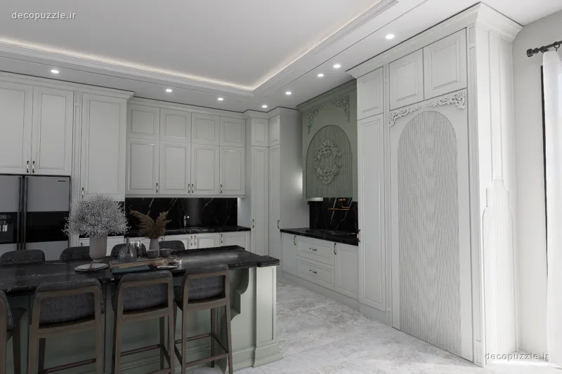 آشپزخانه سفید با کابینت ممبران، جزیره و صفحه ماربل مشکی در چیدمانی روشن و مجلل
