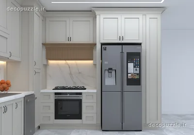 کابینت نئوکلاسیک سفید مات با بین کابینتی ماربل، فر توکار و نورپردازی خطی در آشپزخانه ال