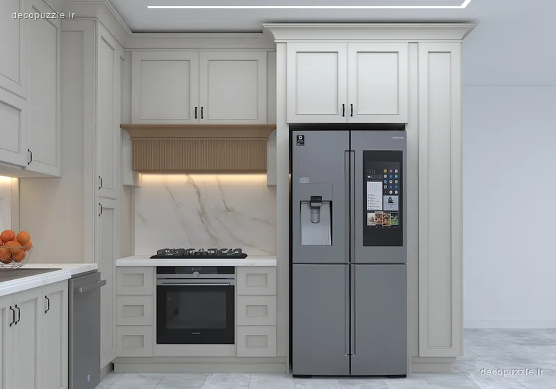 کابینت نئوکلاسیک سفید مات با بین کابینتی ماربل، فر توکار و نورپردازی خطی در آشپزخانه ال
