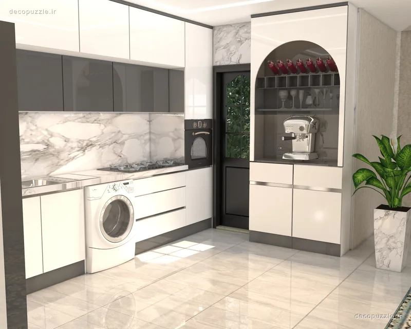 کابینت مدرن دورنگ هایگلاس با ویترین و قفسه باز در آشپزخانه ال