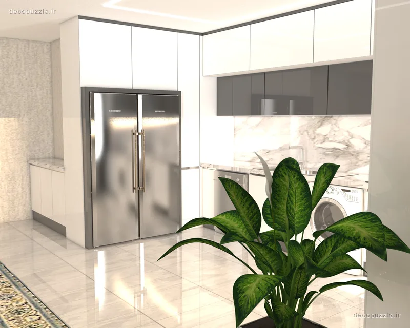 کابینت مدرن سفید و طوسی با چیدمان ال، بین کابینتی ماربل و دستگیره مخفی در آشپزخانه
