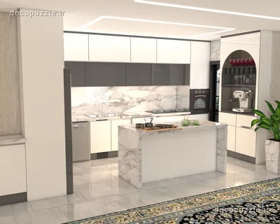 کابینت مدرن سفید و طوسی مات با جزیره ماربل، ویترین و نورپردازی خطی در آشپزخانه