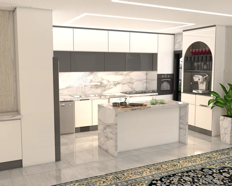 کابینت مدرن سفید و طوسی مات با جزیره ماربل، ویترین و نورپردازی خطی در آشپزخانه