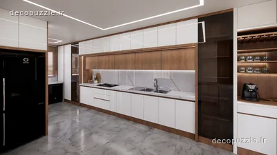 کابینت مدرن دورنگ سفید و طرح چوب با ویترین و قفسه باز در آشپزخانه