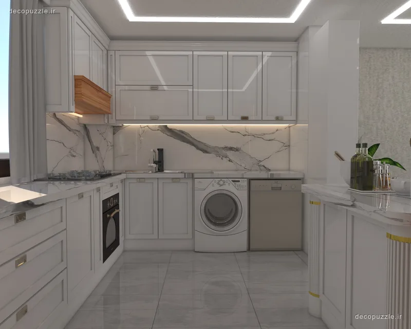آشپزخانه سفید مات نئوکلاسیک با چیدمان یو، بین کابینتی ماربل و فر توکار