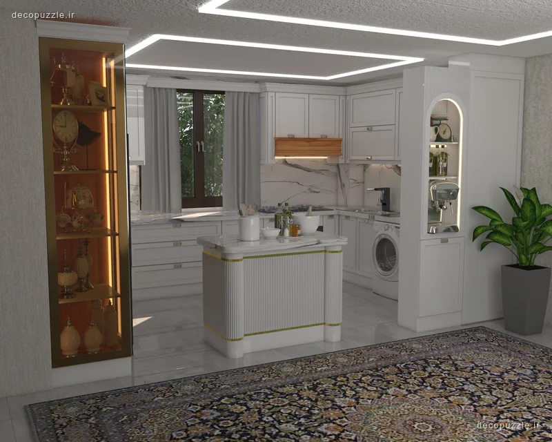 آشپزخانه نئوکلاسیک سفید مات با جزیره، ویترین، کافی‌بار و بین کابینتی ماربل