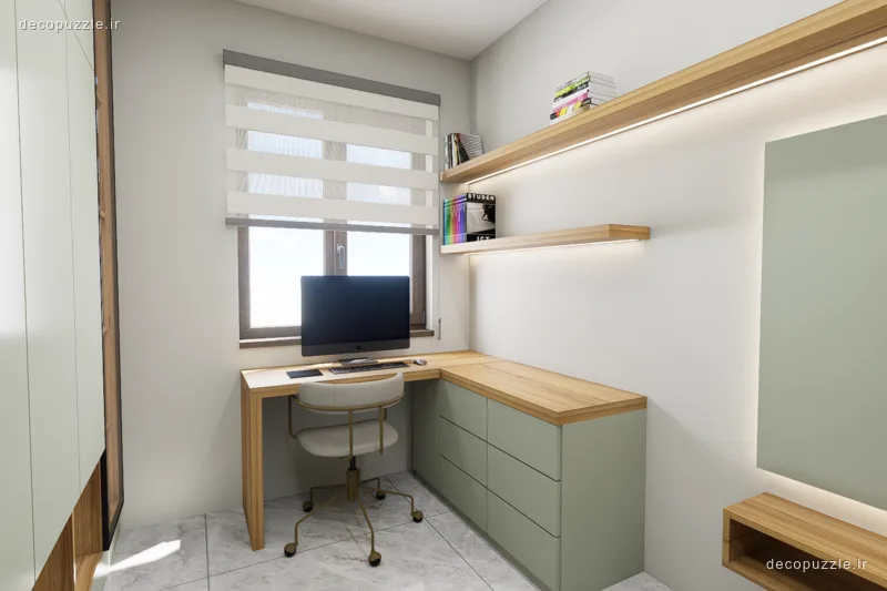 چیدمان ال با میز کار و کابینت ام‌دی‌اف سبز، قفسه‌های طرح چوب و تی‌وی‌وال ساده