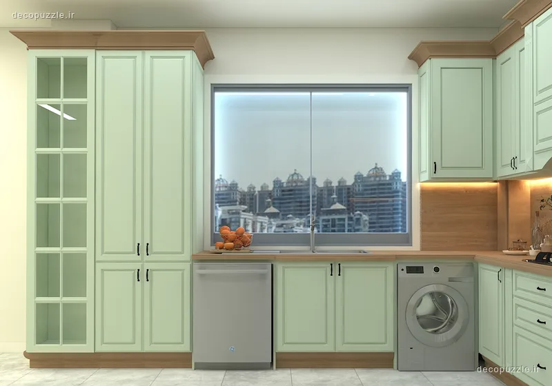 آشپزخانه نئوکلاسیک سبز با ویترین شیشه‌ای، بین کابینتی طرح چوب و نورپردازی خطی
