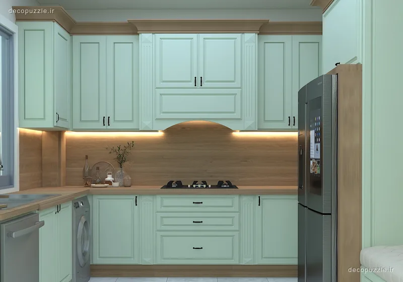 کابینت نئوکلاسیک سبز با بین کابینتی طرح چوب و نورپردازی خطی در آشپزخانه ال