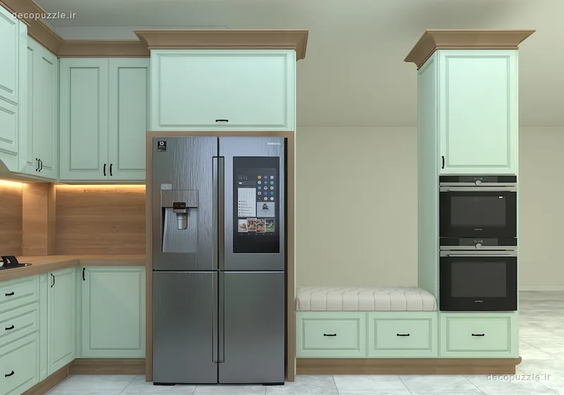کابینت نئوکلاسیک سبز روشن با بین کابینتی طرح چوب، یخچال متال و فر و مایکروویو توکار در چیدمان ال