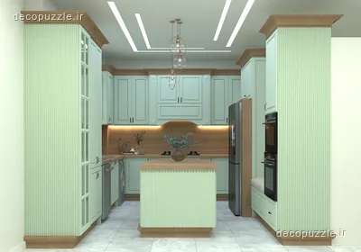 آشپزخانه نئوکلاسیک با کابینت سبز مات، جزیره، ویترین شیشه‌ای و نورپردازی خطی