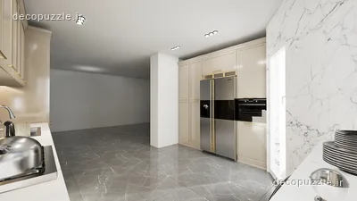 آشپزخانه کرم نئوکلاسیک با کابینت‌های تا سقف، فر توکار و سطوح ماربل روشن