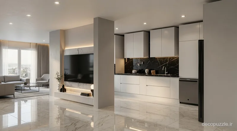 کابینت مدرن سفید مات با بین کابینتی ماربل و دستگیره مخفی در آشپزخانه اپن