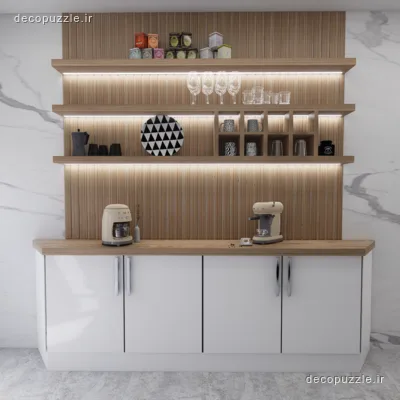 کابینت مدرن دورنگ با کافی‌بار، قفسه باز و نورپردازی خطی در آشپزخانه خطی