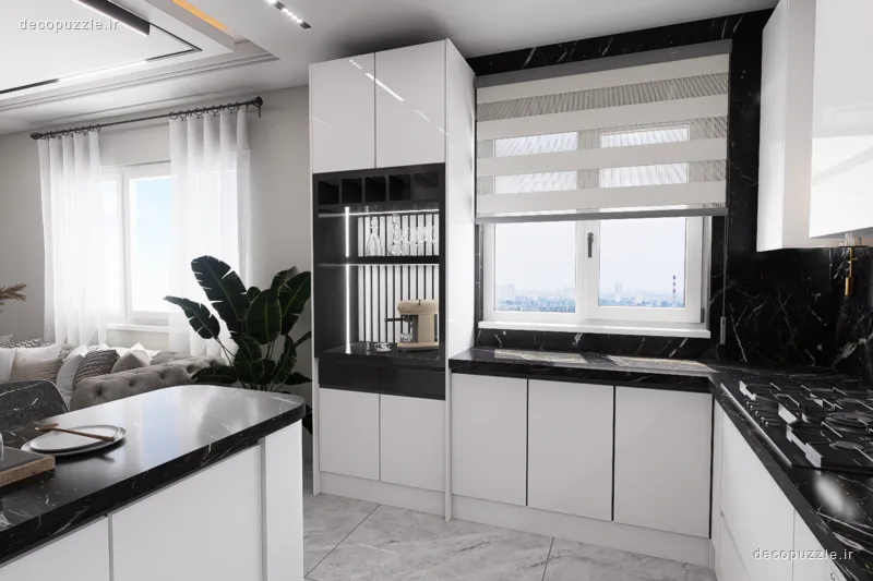 کابینت مدرن سفید و مشکی هایگلاس با جزیره، بین کابینتی ماربل و قفسه باز در آشپزخانه