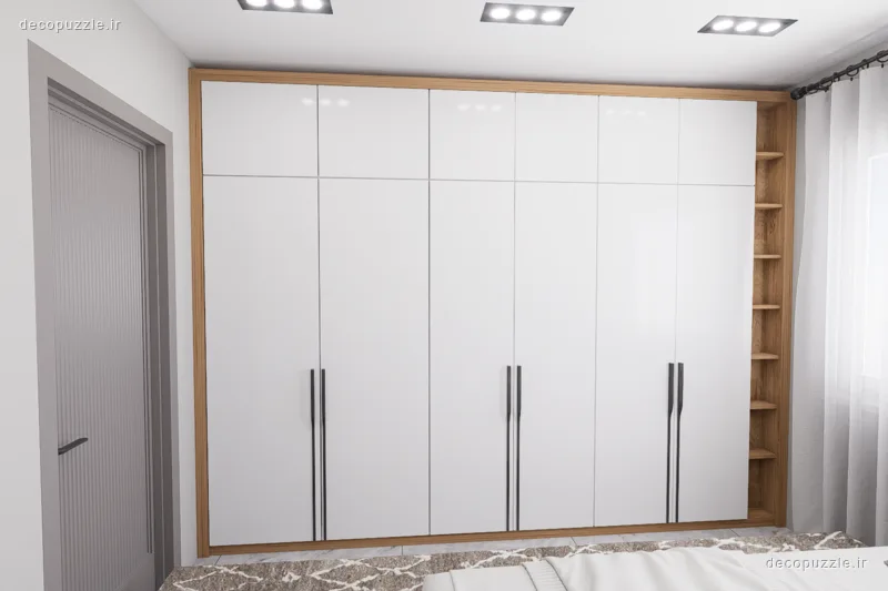 کابینت مدرن سفید مات با قاب طرح چوب، قفسه باز و دستگیره‌های مشکی در چیدمان خطی