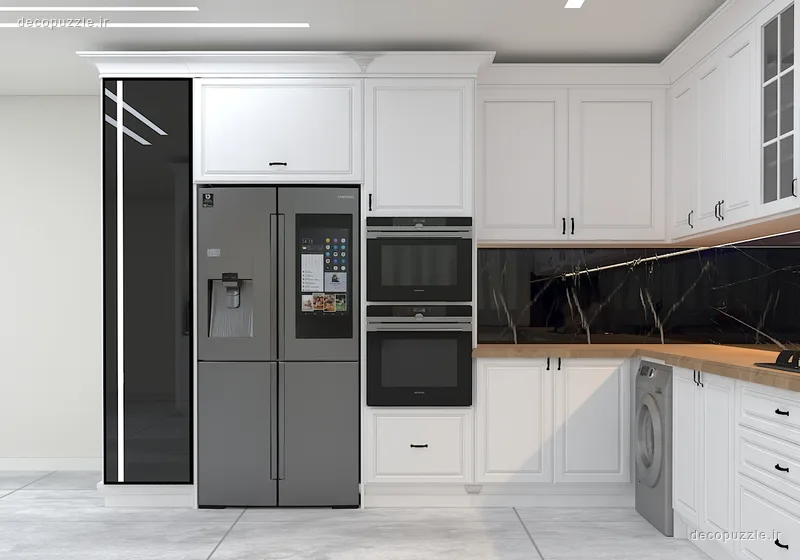 کابینت نئوکلاسیک سفید با بین کابینتی ماربل مشکی، قفسه باز و فر و مایکروویو توکار