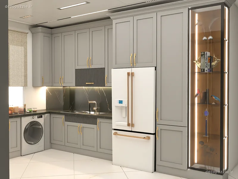 کابینت طوسی مات با ویترین شیشه‌ای، بین کابینتی ماربل و چیدمان ال در آشپزخانه