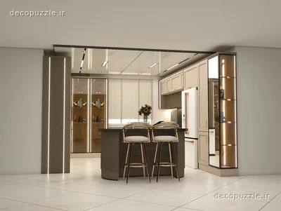 آشپزخانه مدرن دورنگ با جزیره، ویترین شیشه‌ای، کابینت تا سقف و نورپردازی خطی