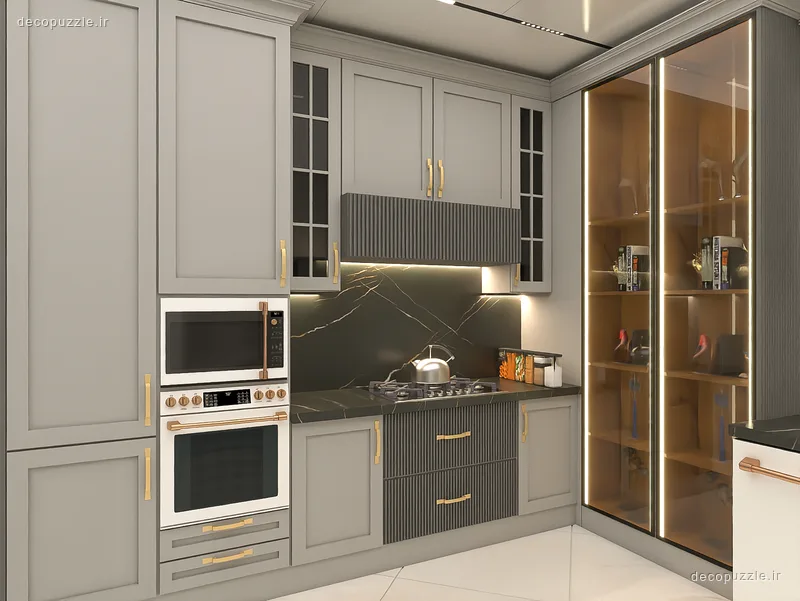 کابینت مدرن طوسی مات با ویترین شیشه‌ای، فر توکار و مایکروویو توکار در آشپزخانه ال