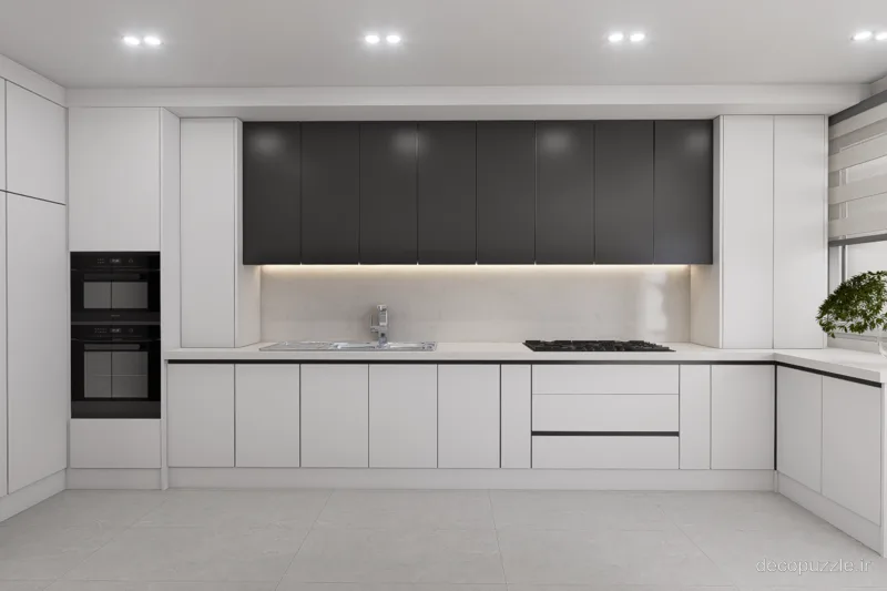 کابینت مدرن سفید و مشکی مات با چیدمان ال، فر توکار و دستگیره مخفی در آشپزخانه
