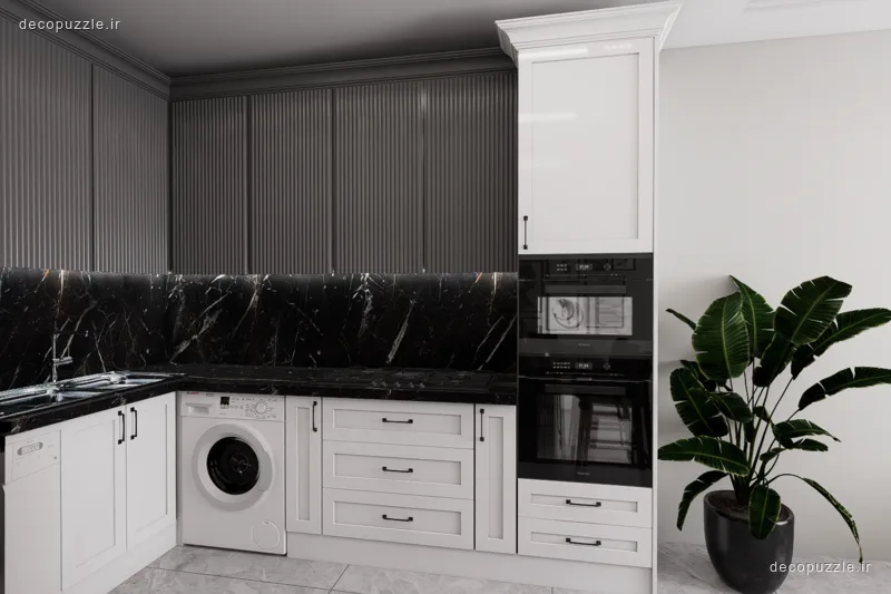 کابینت مدرن دورنگ سفید و مشکی با چیدمان ال، بین کابینتی ماربل و فر و مایکروویو توکار