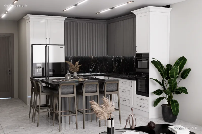 کابینت مدرن مات سفید و طوسی با جزیره، بین کابینتی ماربل و فر توکار در آشپزخانه